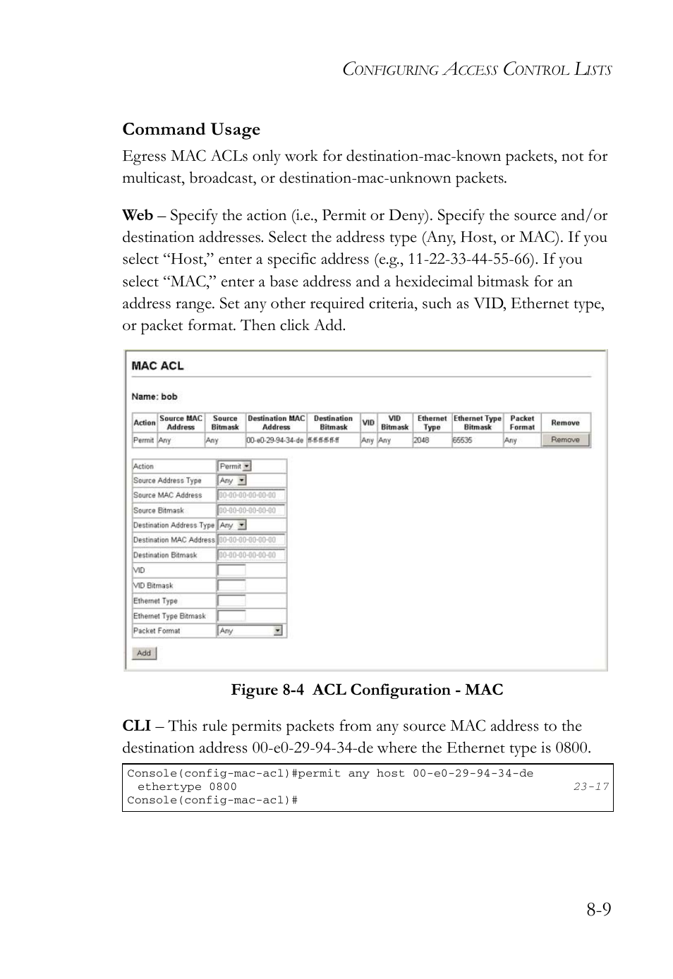 Figure 8-4, Acl configuration - mac -9, Command usage | SMC Networks SMC TigerAccess SMC7824M/FSW User Manual | Page 181 / 748