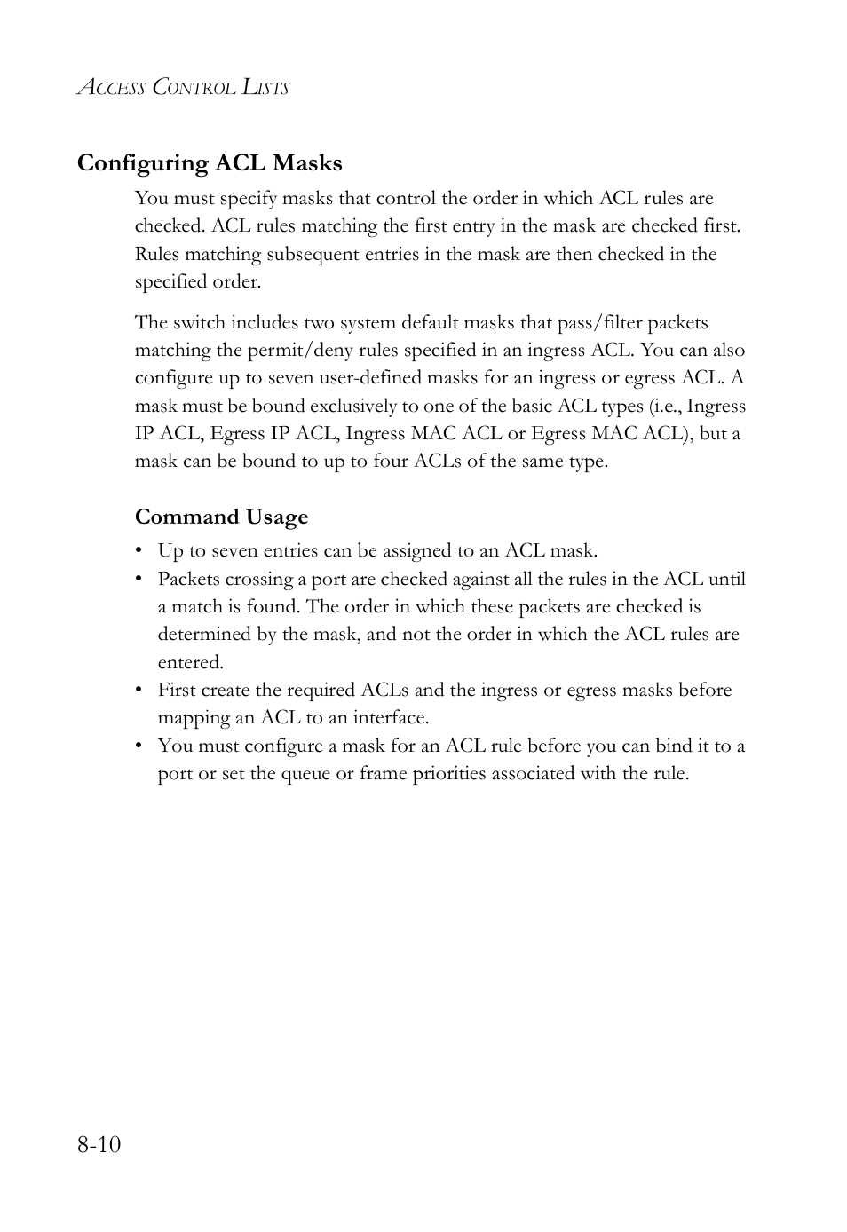 Configuring acl masks, Configuring acl masks -10, 10 configuring acl masks | SMC Networks SMC TigerAccess SMC7824M/FSW User Manual | Page 182 / 748