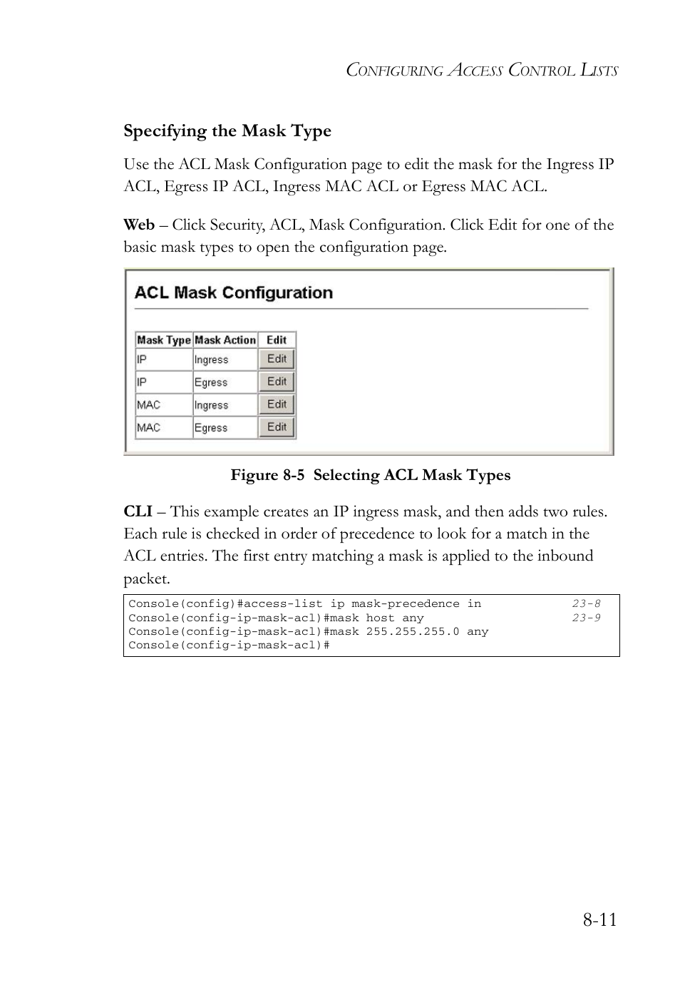 Specifying the mask type, Specifying the mask type -11, Figure 8-5 | Selecting acl mask types -11 | SMC Networks SMC TigerAccess SMC7824M/FSW User Manual | Page 183 / 748