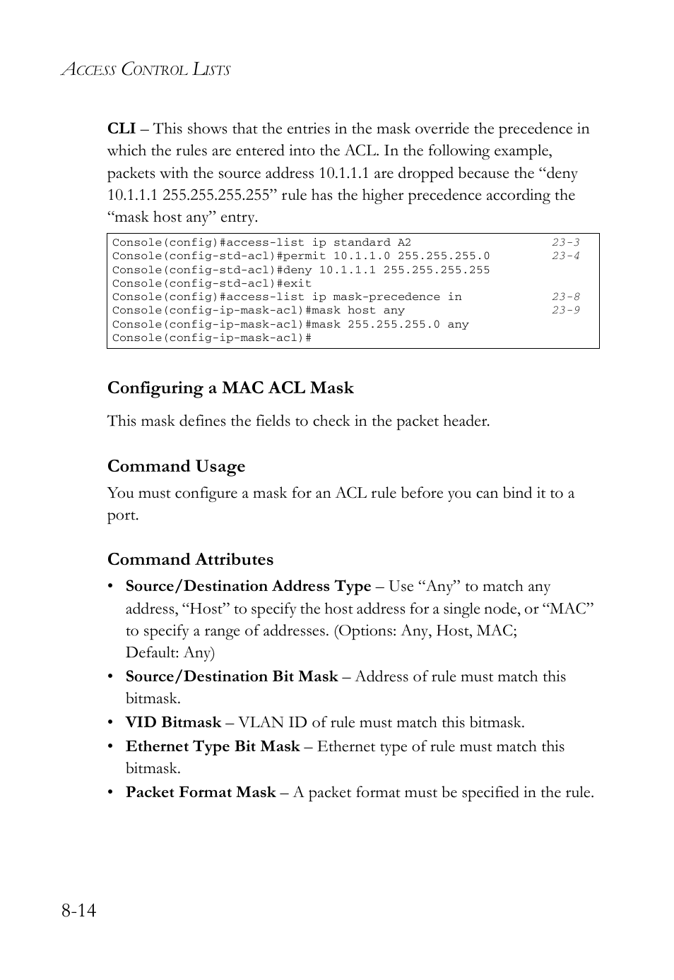 Configuring a mac acl mask, Configuring a mac acl mask -14, Command usage | Command attributes | SMC Networks SMC TigerAccess SMC7824M/FSW User Manual | Page 186 / 748