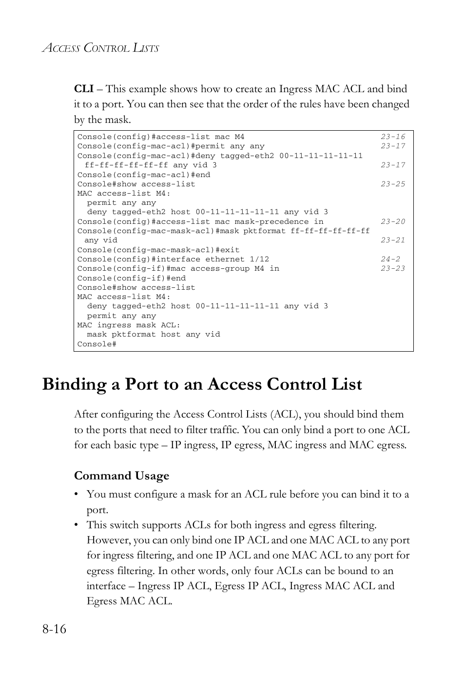 Binding a port to an access control list, Binding a port to an access control list -16, Command usage | SMC Networks SMC TigerAccess SMC7824M/FSW User Manual | Page 188 / 748