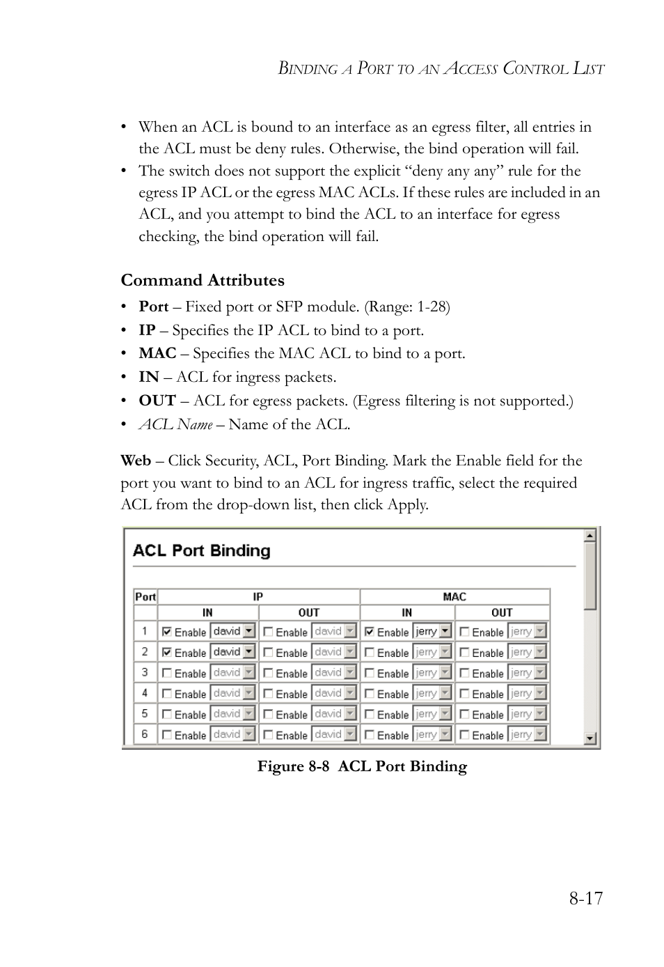 Figure 8-8, Acl port binding -17 | SMC Networks SMC TigerAccess SMC7824M/FSW User Manual | Page 189 / 748