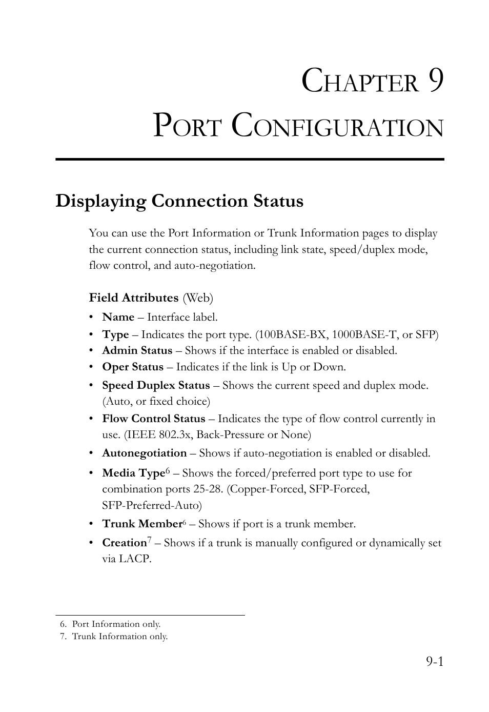 Chapter 9 port configuration, Displaying connection status, Port configuration -1 | Displaying connection status -1, Port configuration, Hapter, Onfiguration | SMC Networks SMC TigerAccess SMC7824M/FSW User Manual | Page 191 / 748
