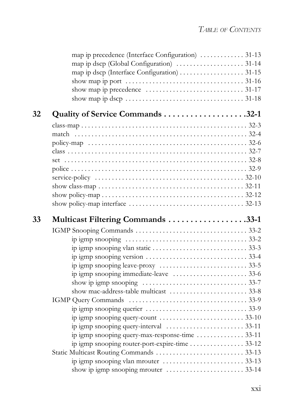 32 quality of service commands -1, 33 multicast filtering commands -1 | SMC Networks SMC TigerAccess SMC7824M/FSW User Manual | Page 21 / 748