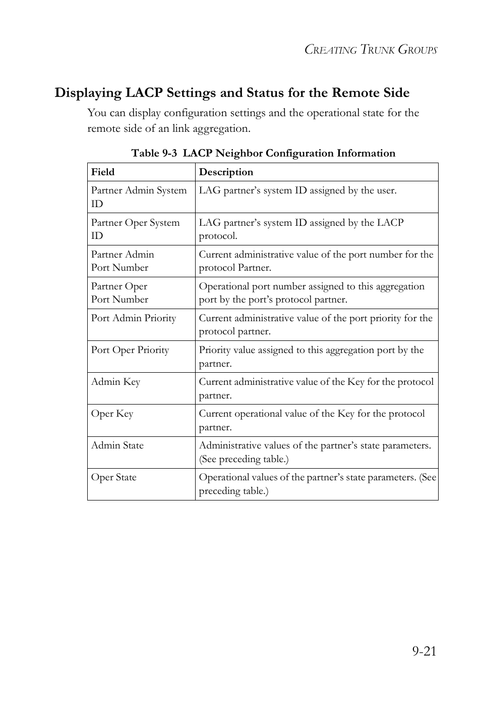 Table 9-3, Lacp neighbor configuration information -21 | SMC Networks SMC TigerAccess SMC7824M/FSW User Manual | Page 211 / 748