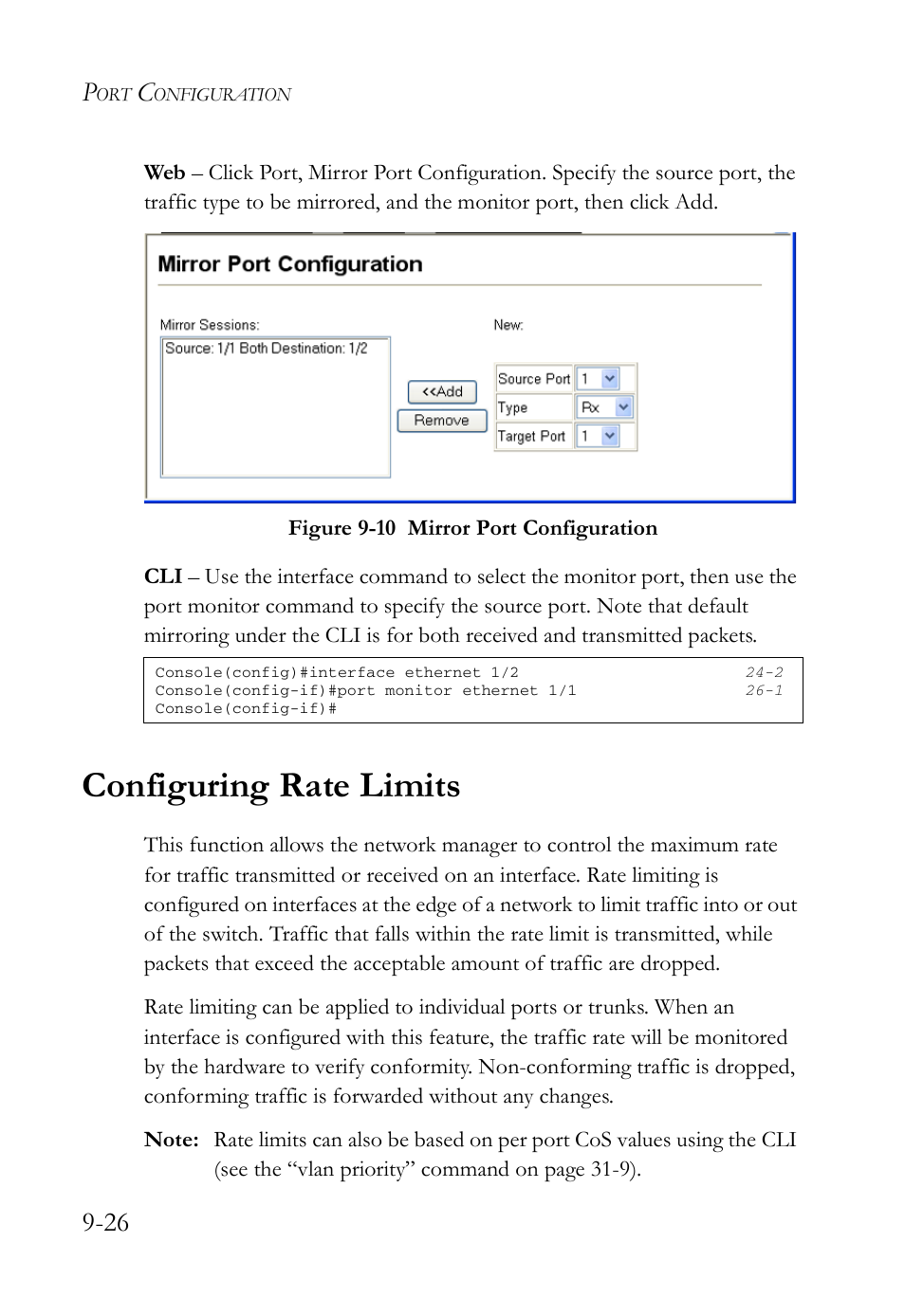 Configuring rate limits, Configuring rate limits -26, Figure 9-10 mirror port configuration -26 | SMC Networks SMC TigerAccess SMC7824M/FSW User Manual | Page 216 / 748