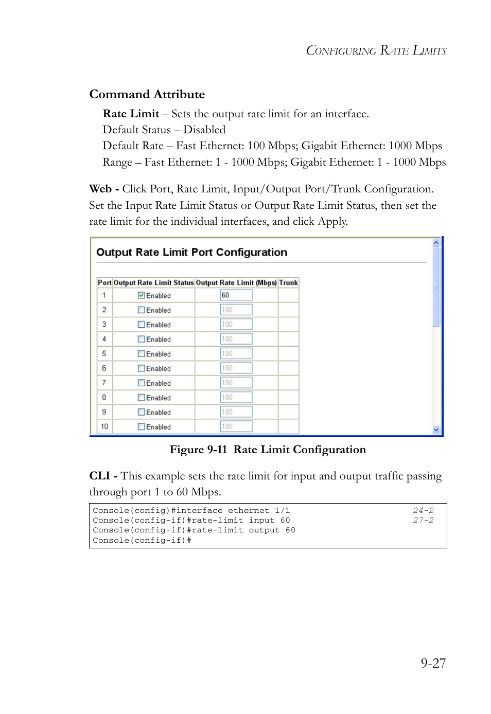 Figure 9-11 rate limit configuration -27, Command attribute | SMC Networks SMC TigerAccess SMC7824M/FSW User Manual | Page 217 / 748