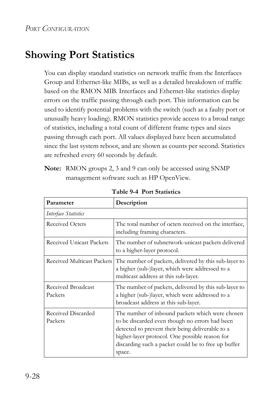 Showing port statistics, Showing port statistics -28, Table 9-4 | Port statistics -28 | SMC Networks SMC TigerAccess SMC7824M/FSW User Manual | Page 218 / 748
