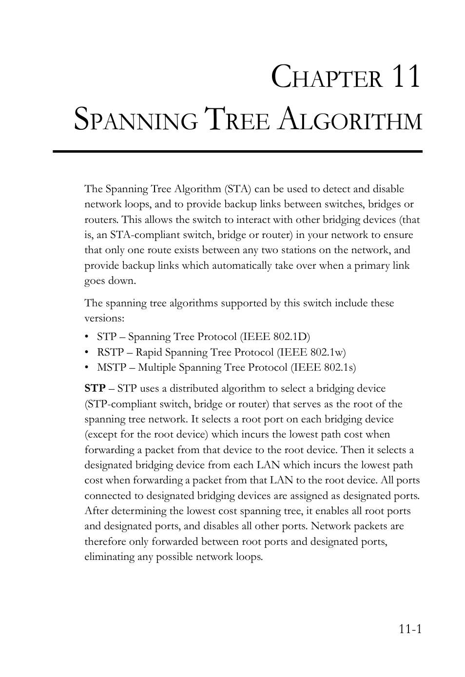 Chapter 11 spanning tree algorithm, Spanning tree algorithm -1, Spanning tree algorithm | 11 s | SMC Networks SMC TigerAccess SMC7824M/FSW User Manual | Page 231 / 748
