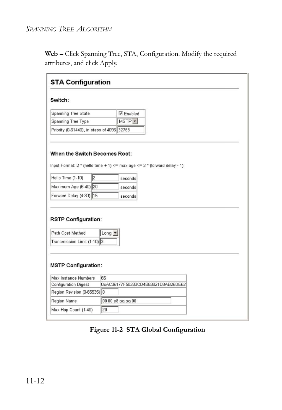 Figure 11-2 sta global configuration -12 | SMC Networks SMC TigerAccess SMC7824M/FSW User Manual | Page 242 / 748