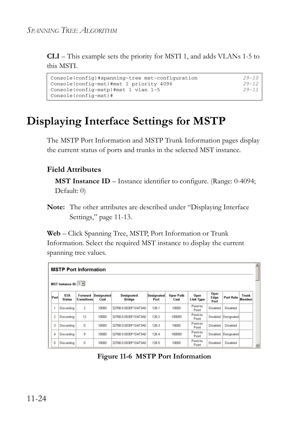 Displaying interface settings for mstp, Displaying interface settings for mstp -24, Figure 11-6 mstp port information -24 | Field attributes | SMC Networks SMC TigerAccess SMC7824M/FSW User Manual | Page 254 / 748