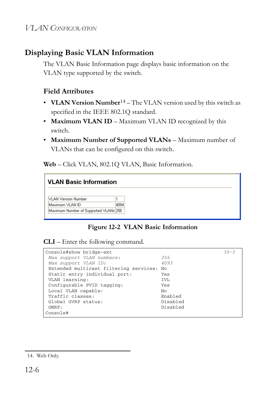 Displaying basic vlan information, Displaying basic vlan information -6, Figure 12-2 vlan basic information -6 | Vlan c, 6 displaying basic vlan information, Field attributes | SMC Networks SMC TigerAccess SMC7824M/FSW User Manual | Page 264 / 748