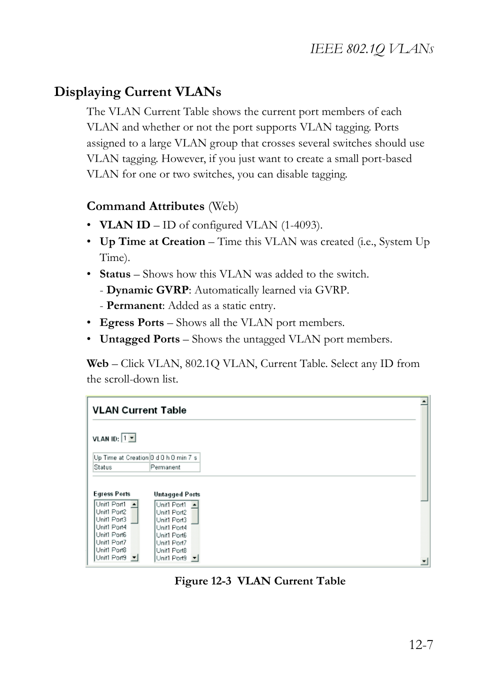 Displaying current vlans, Displaying current vlans -7, Figure 12-3 vlan current table -7 | Ieee 802.1q vlan, 7 displaying current vlans | SMC Networks SMC TigerAccess SMC7824M/FSW User Manual | Page 265 / 748