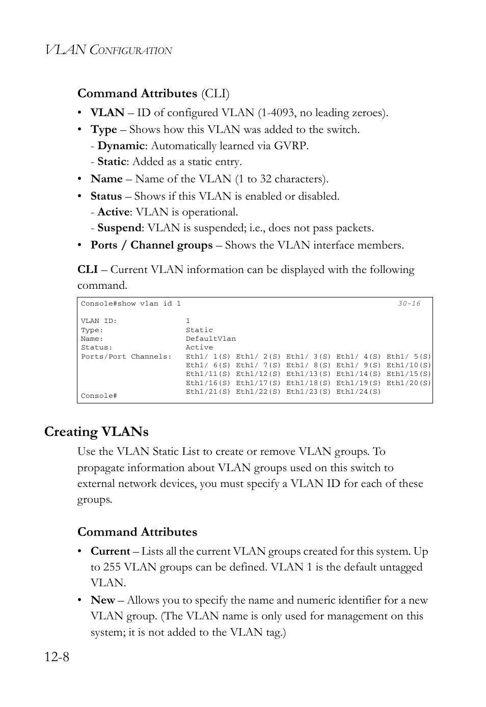 Creating vlans, Creating vlans -8, Vlan c | Command attributes (cli), Command attributes | SMC Networks SMC TigerAccess SMC7824M/FSW User Manual | Page 266 / 748