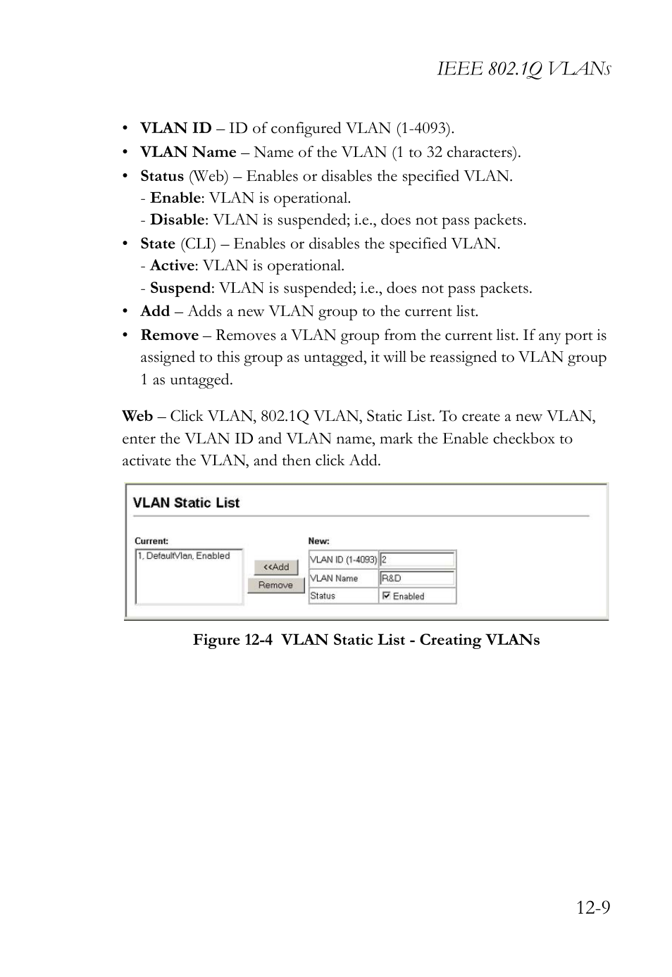 Figure 12-4 vlan static list - creating vlans -9, Ieee 802.1q vlan | SMC Networks SMC TigerAccess SMC7824M/FSW User Manual | Page 267 / 748