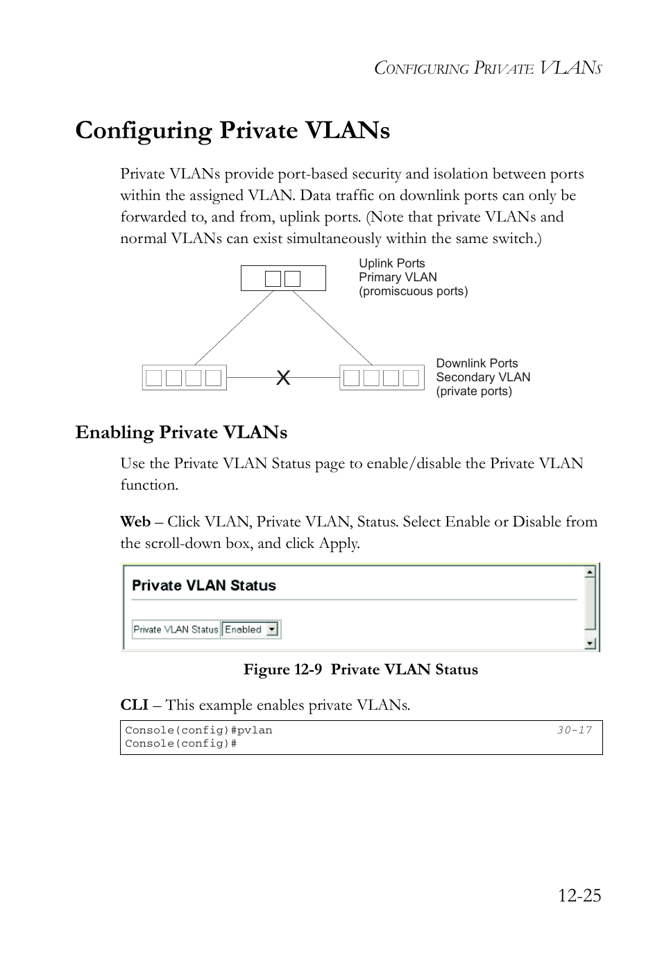 Configuring private vlans, Enabling private vlans, Configuring private vlans -25 | Enabling private vlans -25, Figure 12-9 private vlan status -25, Vlan | SMC Networks SMC TigerAccess SMC7824M/FSW User Manual | Page 283 / 748