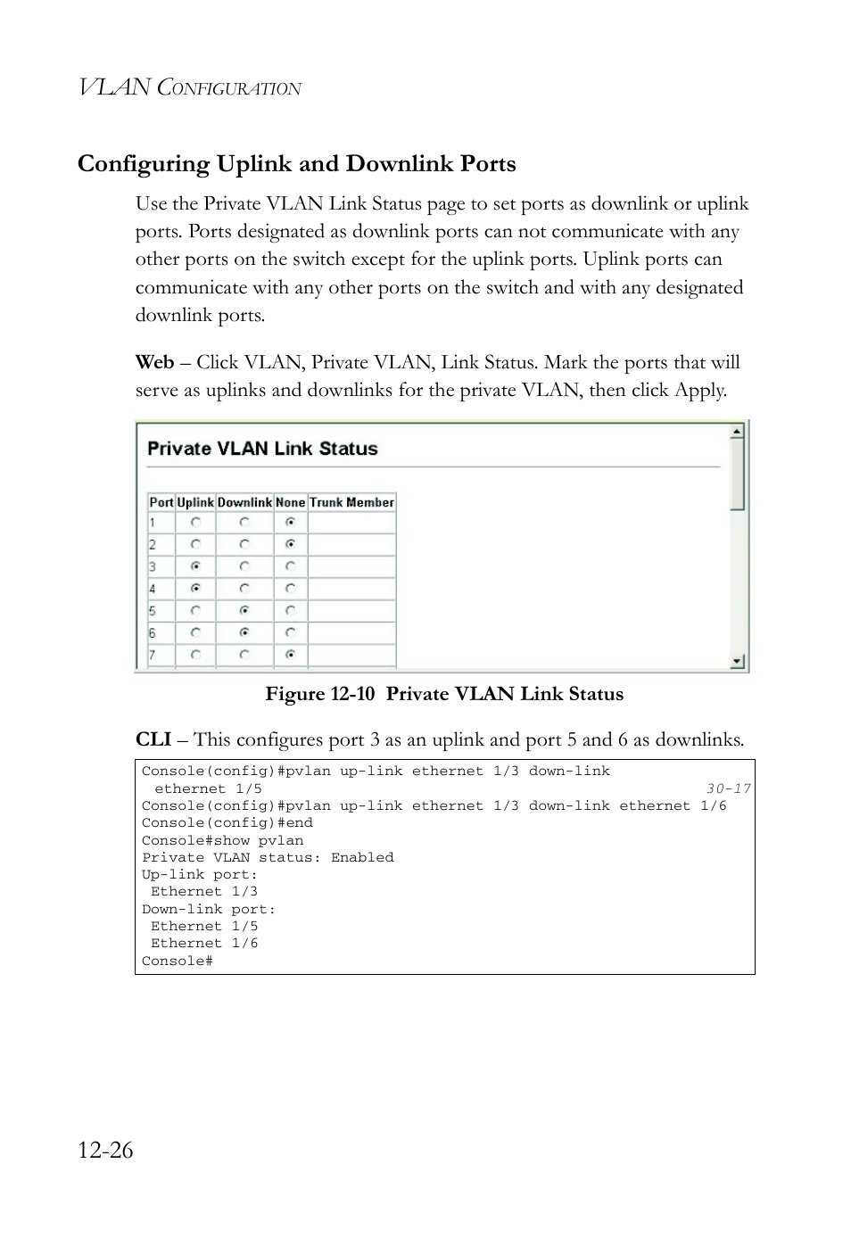 Configuring uplink and downlink ports, Configuring uplink and downlink ports -26, Figure 12-10 private vlan link status -26 | Vlan c, 26 configuring uplink and downlink ports | SMC Networks SMC TigerAccess SMC7824M/FSW User Manual | Page 284 / 748