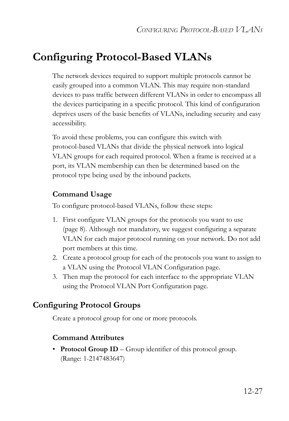 Configuring protocol-based vlans, Configuring protocol groups, Configuring protocol-based vlans -27 | Configuring protocol groups -27 | SMC Networks SMC TigerAccess SMC7824M/FSW User Manual | Page 285 / 748