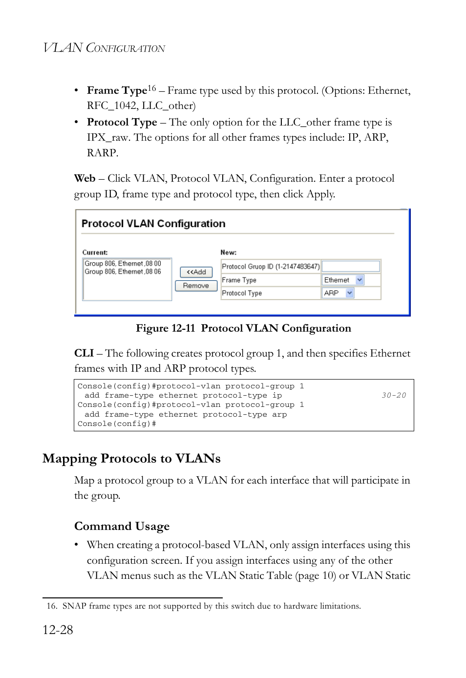 Mapping protocols to vlans, Mapping protocols to vlans -28, Figure 12-11 protocol vlan configuration -28 | Vlan c, Command usage | SMC Networks SMC TigerAccess SMC7824M/FSW User Manual | Page 286 / 748