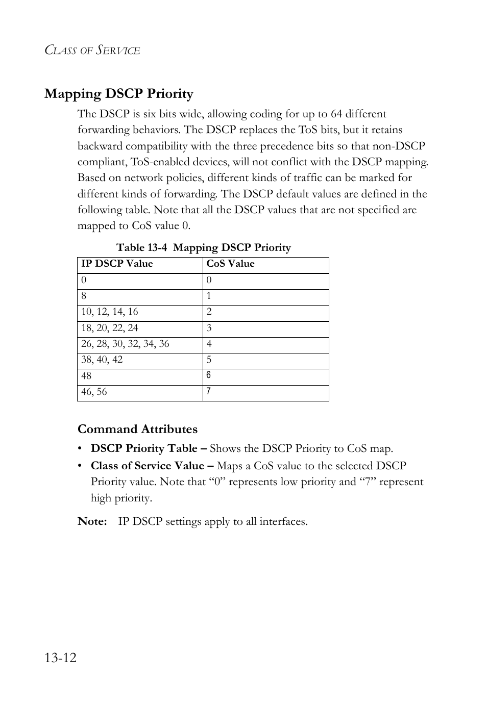 Mapping dscp priority, Mapping dscp priority -12, Table 13-4 mapping dscp priority -12 | 12 mapping dscp priority, Command attributes | SMC Networks SMC TigerAccess SMC7824M/FSW User Manual | Page 300 / 748