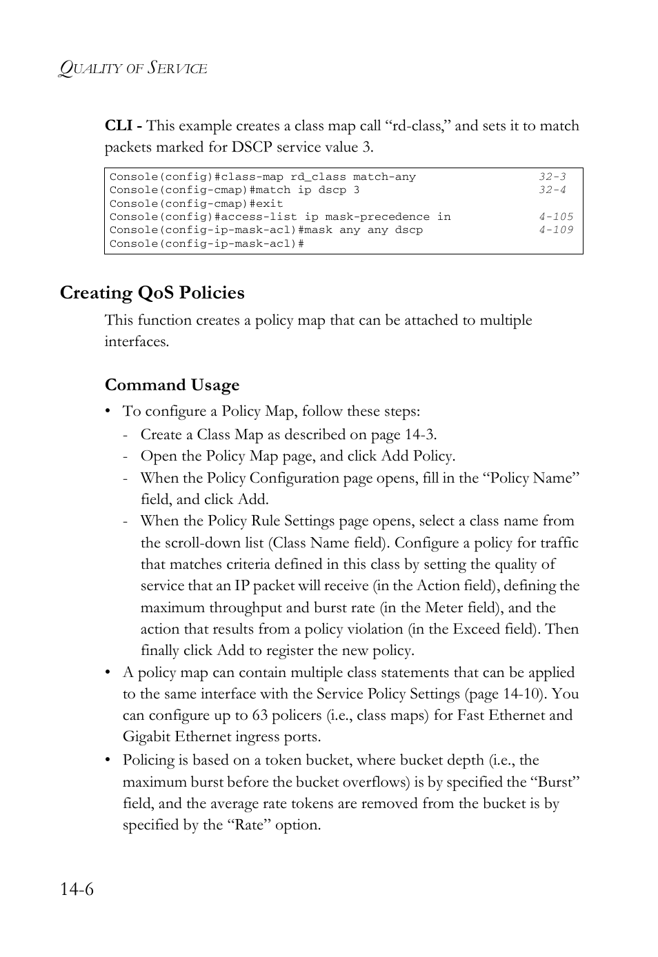 Creating qos policies, Creating qos policies -6, Command usage | SMC Networks SMC TigerAccess SMC7824M/FSW User Manual | Page 310 / 748