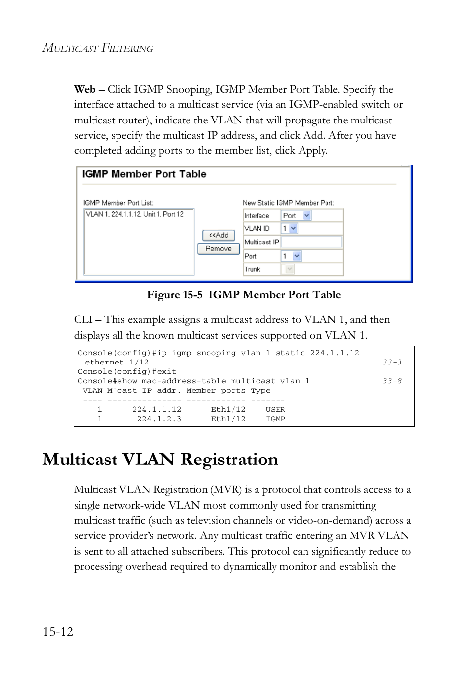 Multicast vlan registration, Multicast vlan registration -12, Figure 15-5 igmp member port table -12 | SMC Networks SMC TigerAccess SMC7824M/FSW User Manual | Page 328 / 748