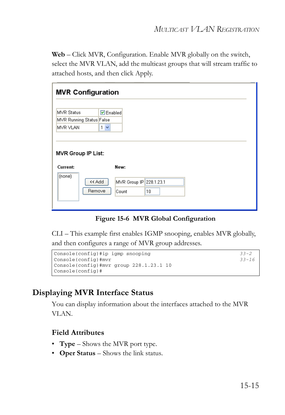Displaying mvr interface status, Displaying mvr interface status -15, Figure 15-6 mvr global configuration -15 | Vlan r, Field attributes | SMC Networks SMC TigerAccess SMC7824M/FSW User Manual | Page 331 / 748