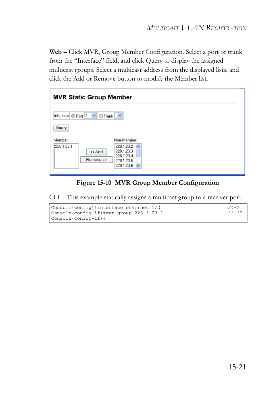 Figure 15-10 mvr group member configuration -21, Vlan r | SMC Networks SMC TigerAccess SMC7824M/FSW User Manual | Page 337 / 748