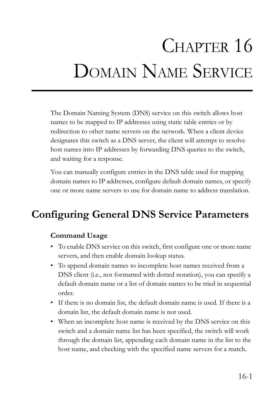 Chapter 16 domain name service, Configuring general dns service parameters, Domain name service -1 | Configuring general dns service parameters -1, Domain name service, 16 d, Hapter, Omain, Ervice | SMC Networks SMC TigerAccess SMC7824M/FSW User Manual | Page 339 / 748