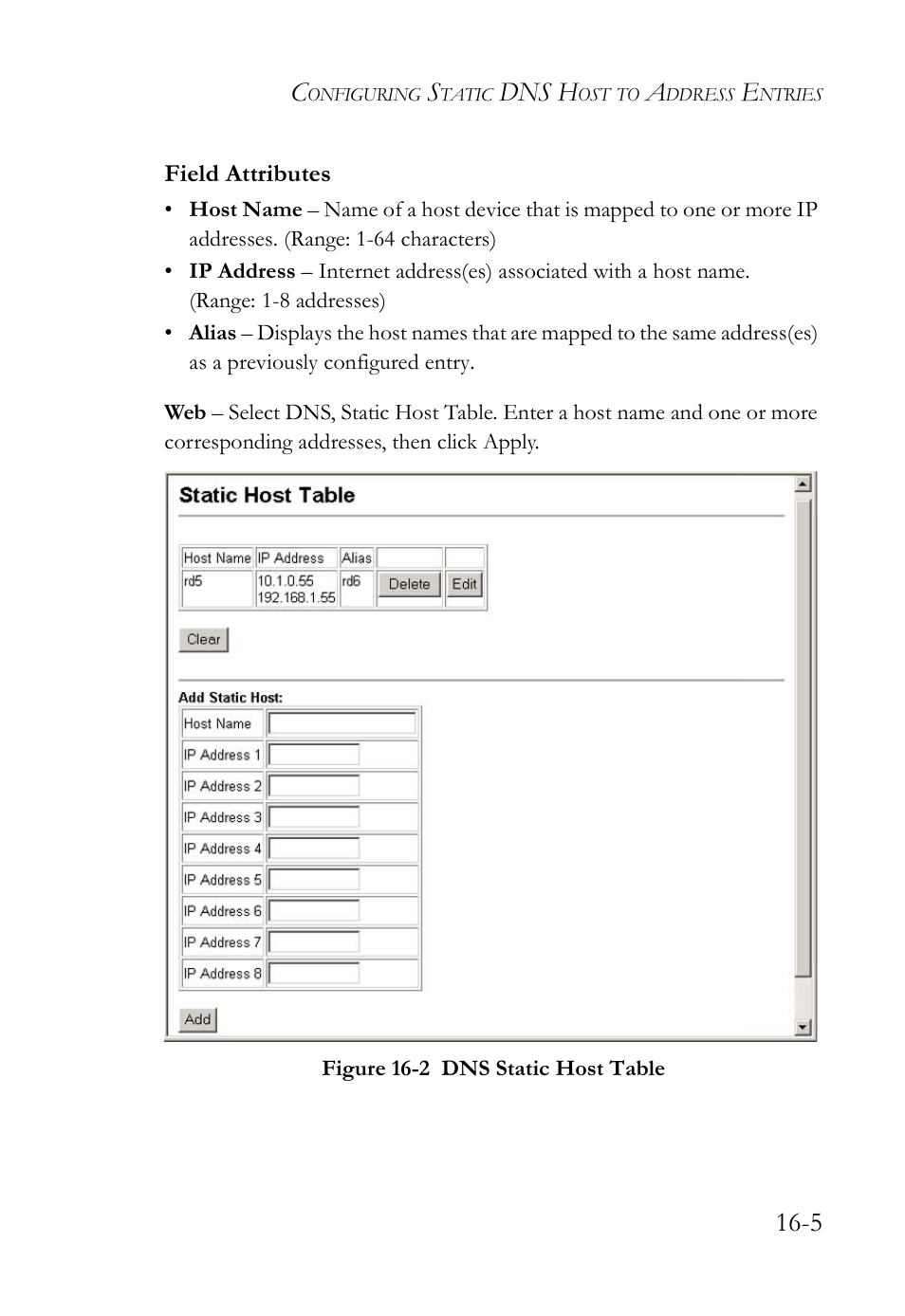 Figure 16-2 dns static host table -5, Dns h | SMC Networks SMC TigerAccess SMC7824M/FSW User Manual | Page 343 / 748