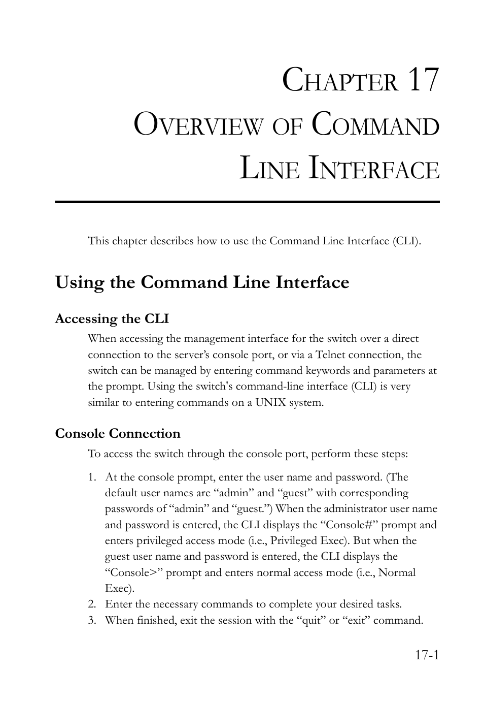 Chapter 17 overview of command line interface, Using the command line interface, Accessing the cli | Console connection, Overview of command line interface -1, Using the command line interface -1, Accessing the cli -1 console connection -1, Overview of command line interface, 17 o, Hapter | SMC Networks SMC TigerAccess SMC7824M/FSW User Manual | Page 349 / 748