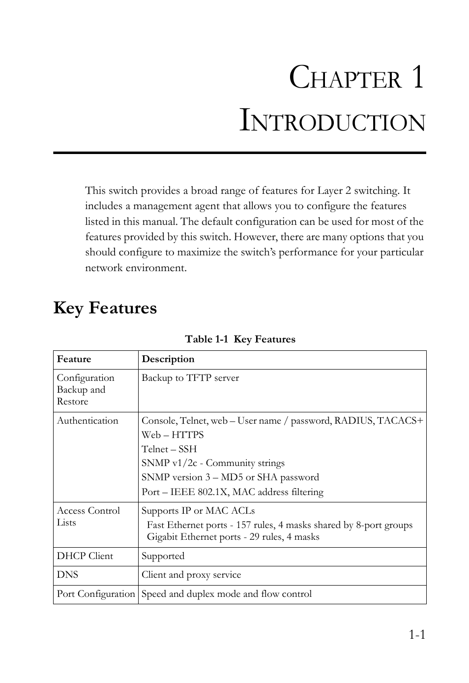 Chapter 1 introduction, Key features, Introduction -1 | Key features -1, Table 1-1, Introduction, Hapter, Ntroduction | SMC Networks SMC TigerAccess SMC7824M/FSW User Manual | Page 35 / 748