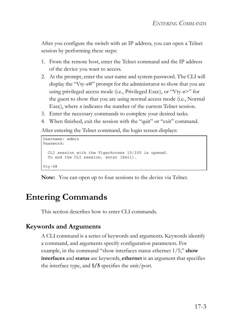 Entering commands, Keywords and arguments, Entering commands -3 | Keywords and arguments -3 | SMC Networks SMC TigerAccess SMC7824M/FSW User Manual | Page 351 / 748