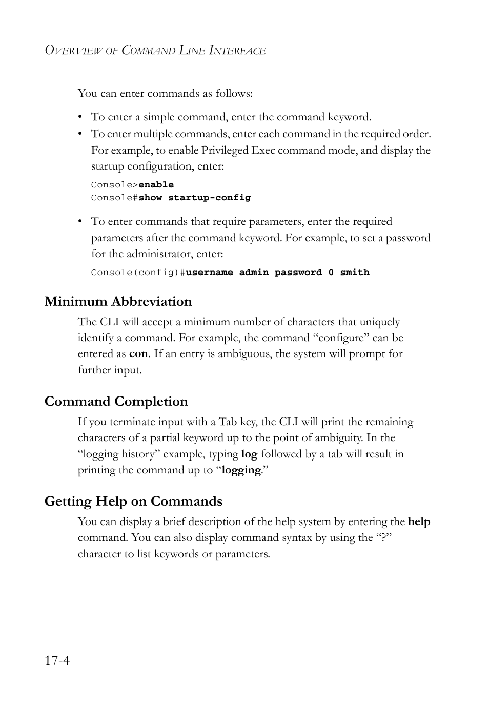 Minimum abbreviation, Command completion, Getting help on commands | SMC Networks SMC TigerAccess SMC7824M/FSW User Manual | Page 352 / 748