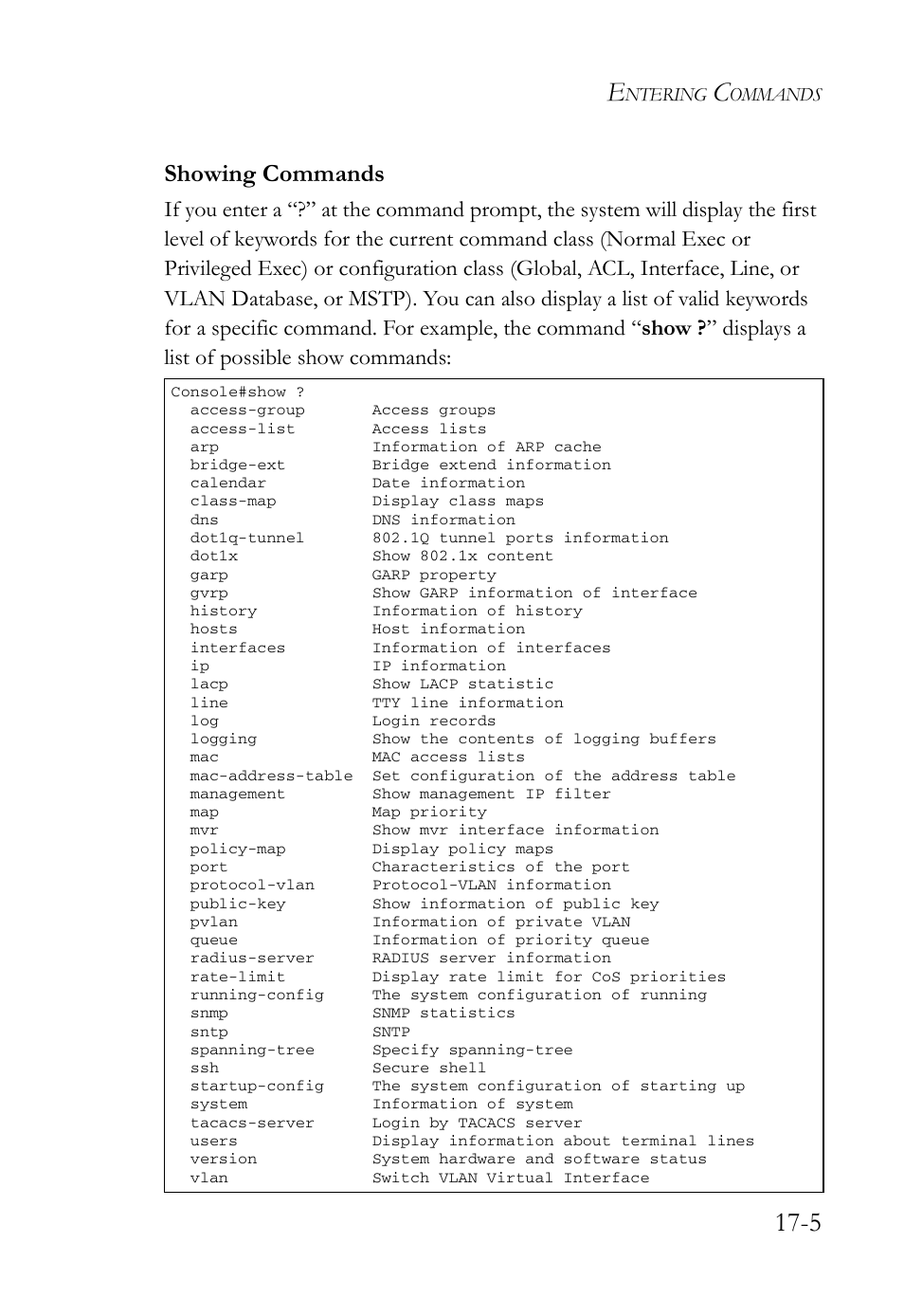 Showing commands, Showing commands -5 | SMC Networks SMC TigerAccess SMC7824M/FSW User Manual | Page 353 / 748