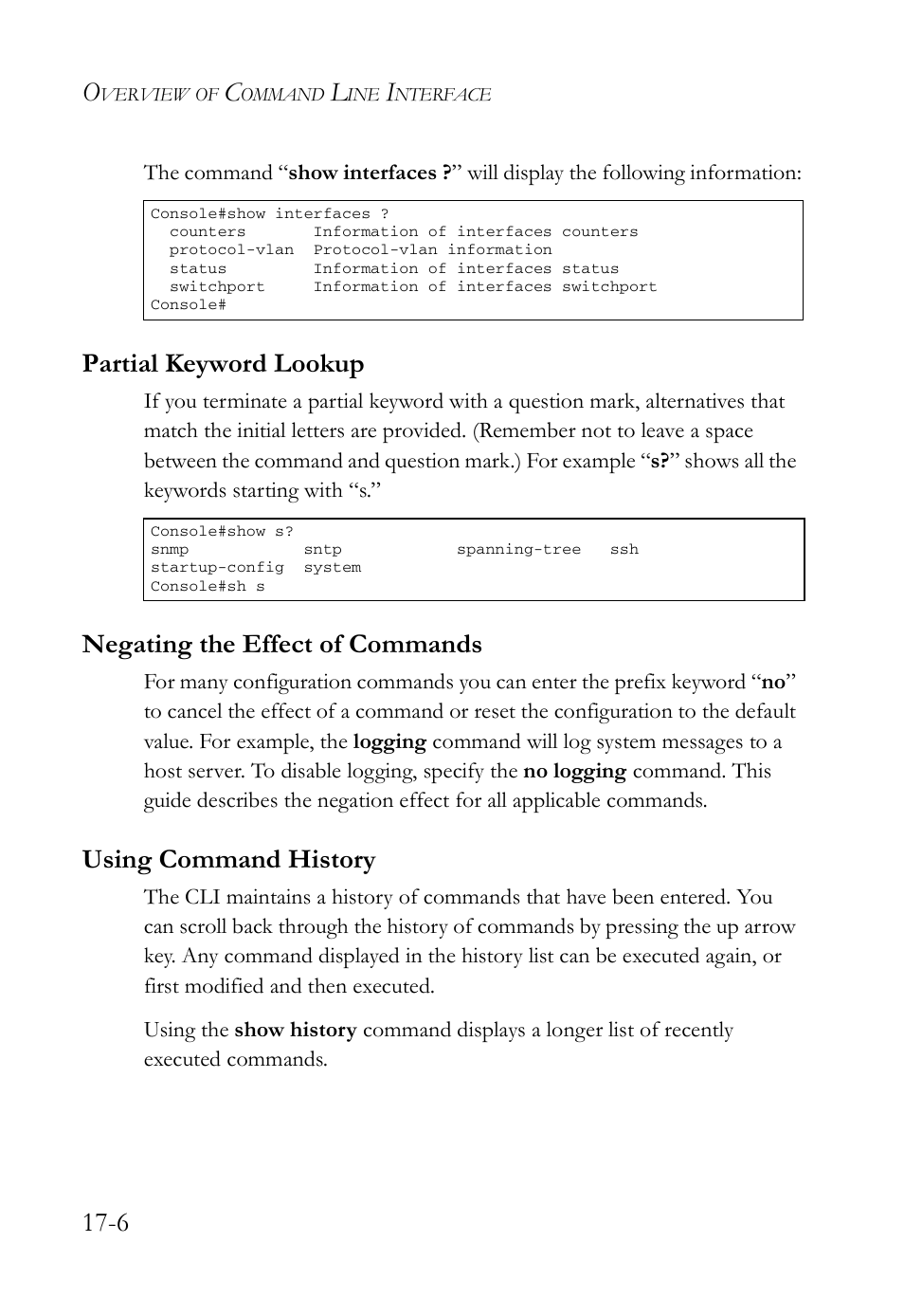 Partial keyword lookup, Negating the effect of commands, Using command history | SMC Networks SMC TigerAccess SMC7824M/FSW User Manual | Page 354 / 748