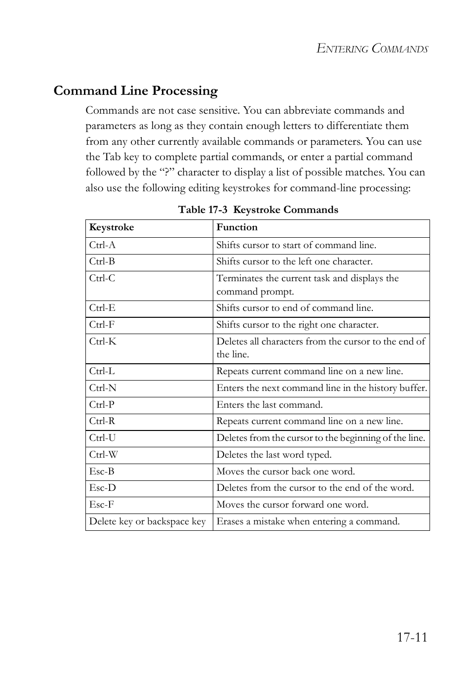 Command line processing, Command line processing -11, Table 17-3 keystroke commands -11 | 11 command line processing | SMC Networks SMC TigerAccess SMC7824M/FSW User Manual | Page 359 / 748