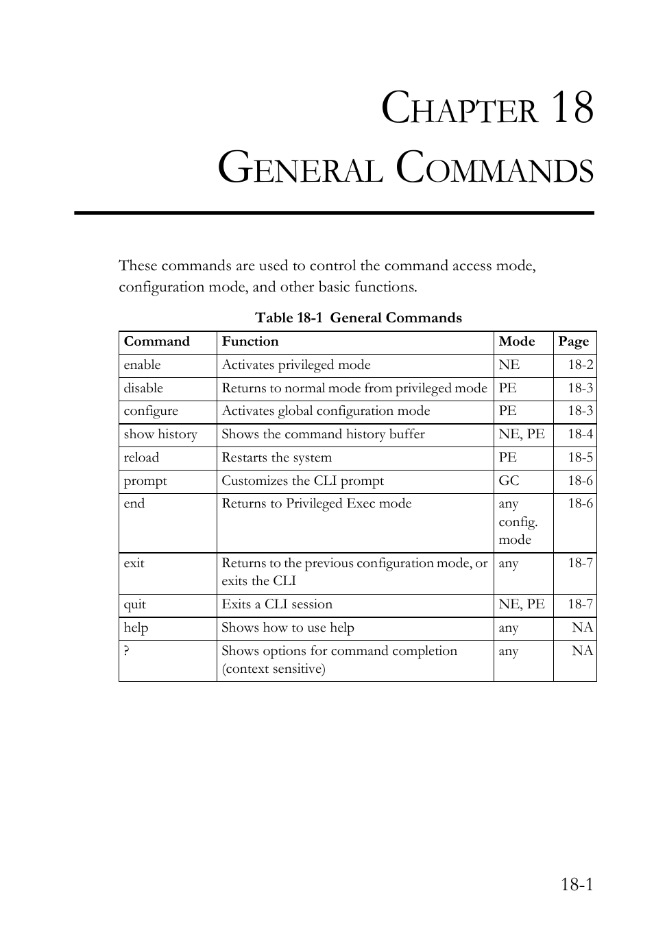 Chapter 18 general commands, General commands -1, Table 18-1 general commands -1 | General commands, 18 g, Hapter, Eneral, Ommands | SMC Networks SMC TigerAccess SMC7824M/FSW User Manual | Page 363 / 748