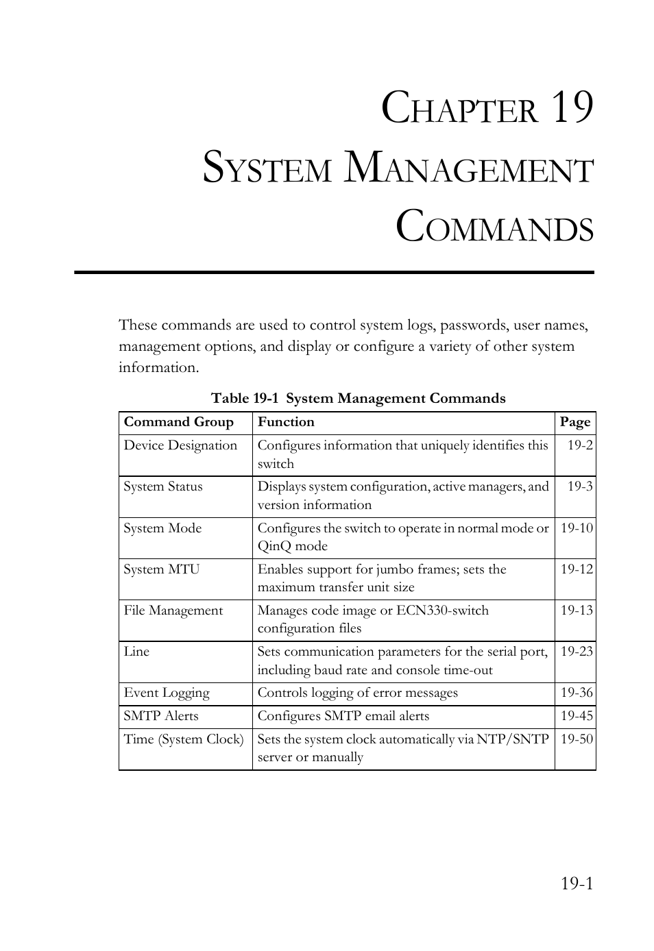 Chapter 19 system management commands, System management commands -1, Table 19-1 system management commands -1 | System management commands, 19 s, Hapter, Ystem, Anagement, Ommands | SMC Networks SMC TigerAccess SMC7824M/FSW User Manual | Page 371 / 748