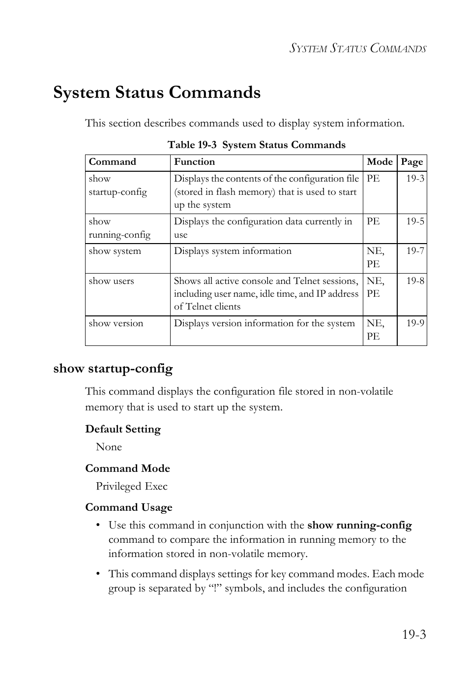 System status commands, Show startup-config, System status commands -3 | Show startup-config -3, Table 19-3 system status commands -3 | SMC Networks SMC TigerAccess SMC7824M/FSW User Manual | Page 373 / 748