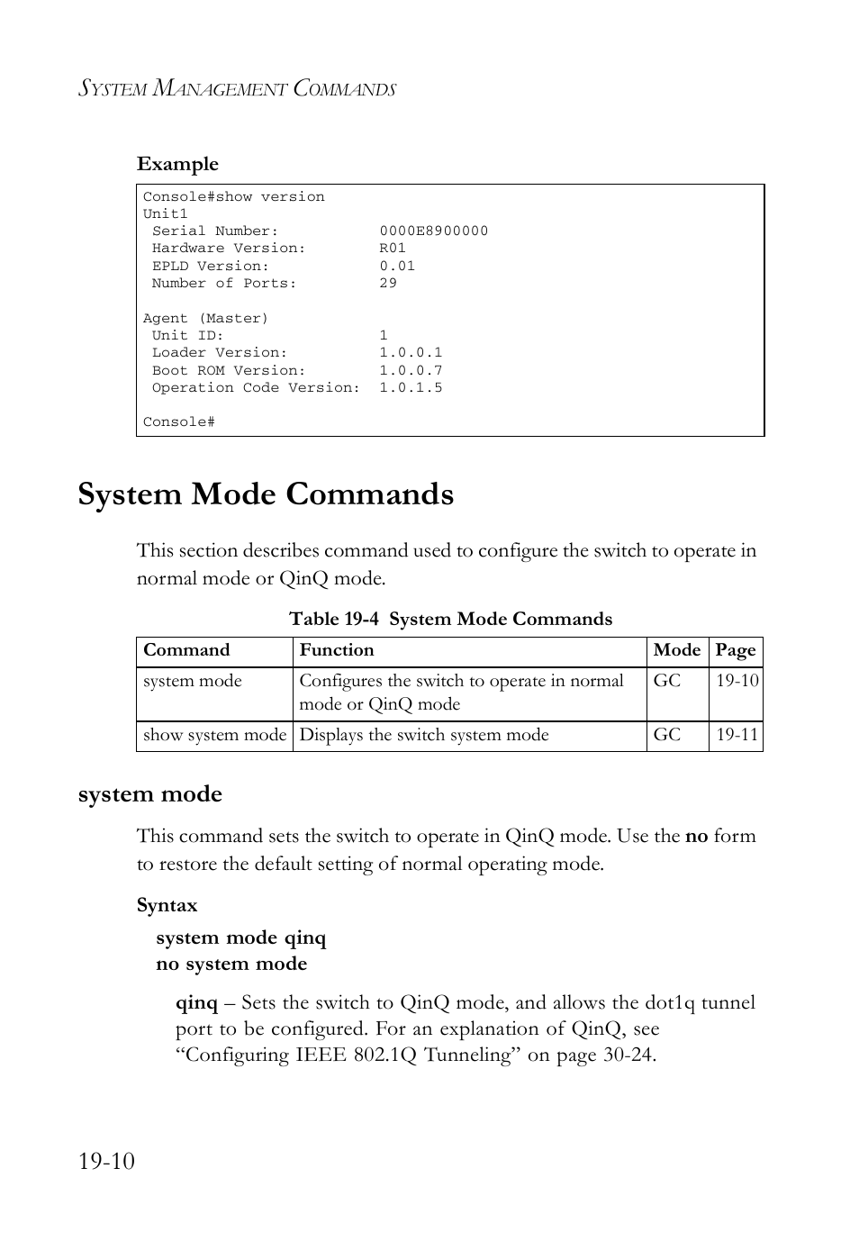 System mode commands, System mode, System mode commands -10 | System mode -10, Table 19-4 system mode commands -10 | SMC Networks SMC TigerAccess SMC7824M/FSW User Manual | Page 380 / 748