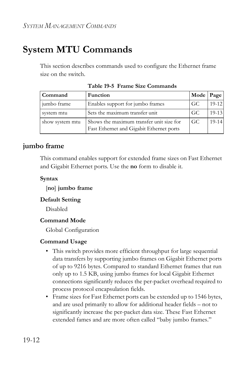 System mtu commands, Jumbo frame, System mtu commands -12 | Jumbo frame -12, Table 19-5 frame size commands -12 | SMC Networks SMC TigerAccess SMC7824M/FSW User Manual | Page 382 / 748