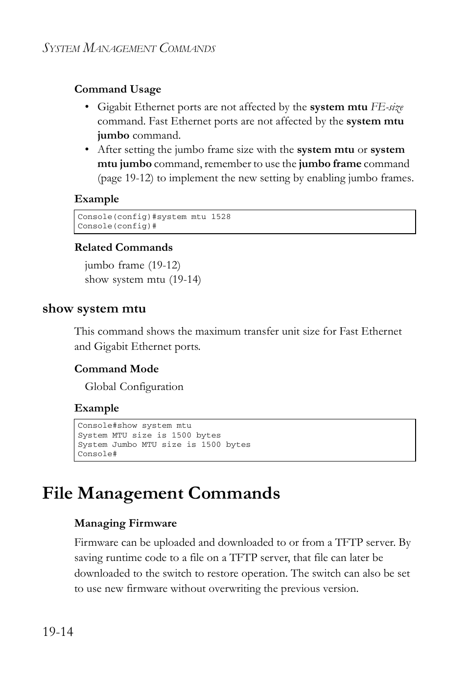 Show system mtu, File management commands, Show system mtu -14 | File management commands -14, Show system mtu (19-14) | SMC Networks SMC TigerAccess SMC7824M/FSW User Manual | Page 384 / 748