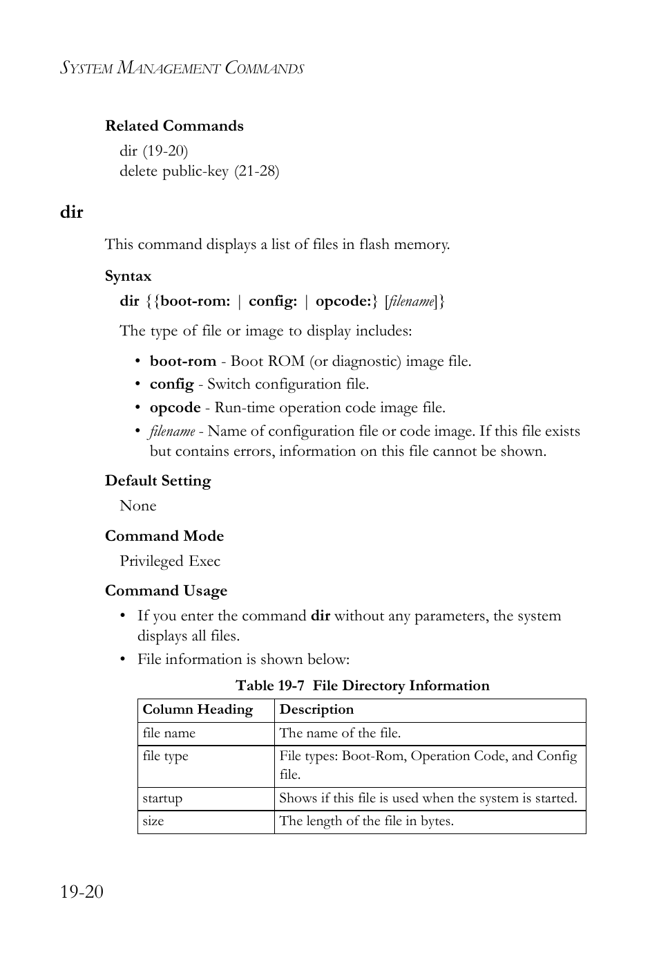 Dir -20, Table 19-7 file directory information -20 | SMC Networks SMC TigerAccess SMC7824M/FSW User Manual | Page 390 / 748