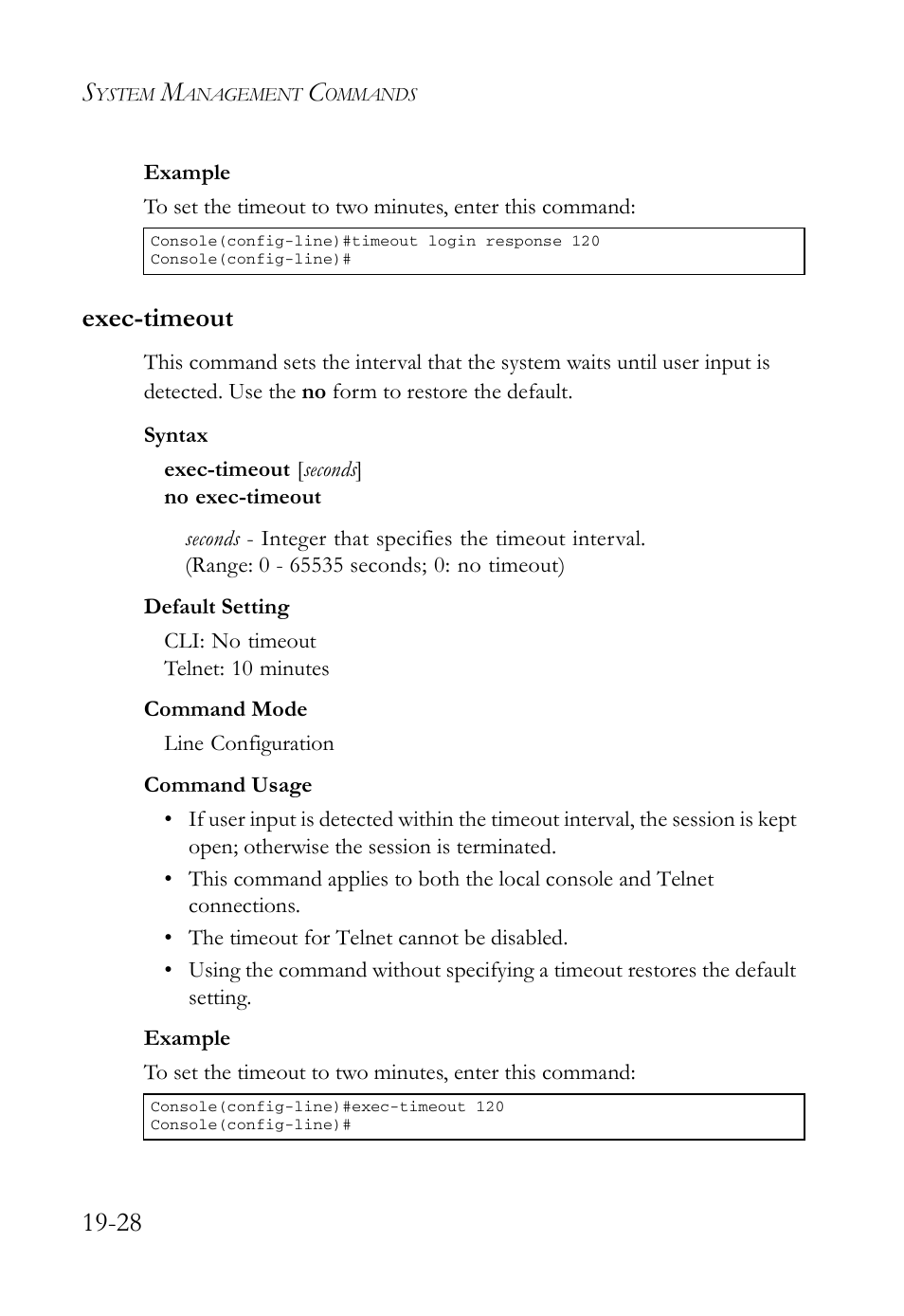 Exec-timeout, Exec-timeout -28 | SMC Networks SMC TigerAccess SMC7824M/FSW User Manual | Page 398 / 748