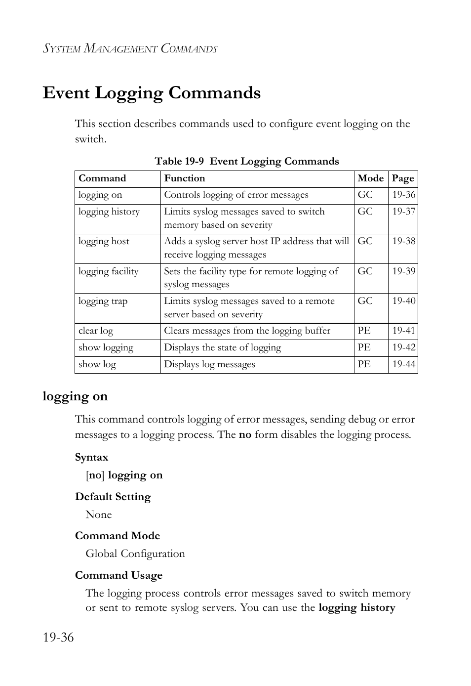 Event logging commands, Logging on, Event logging commands -36 | Logging on -36, Table 19-9 event logging commands -36 | SMC Networks SMC TigerAccess SMC7824M/FSW User Manual | Page 406 / 748
