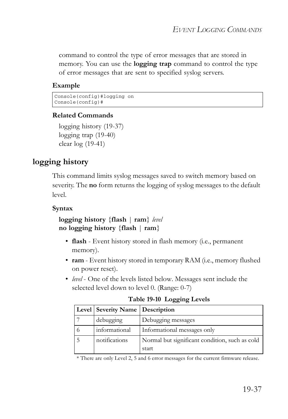 Logging history, Logging history -37, Table 19-10 logging levels -37 | SMC Networks SMC TigerAccess SMC7824M/FSW User Manual | Page 407 / 748