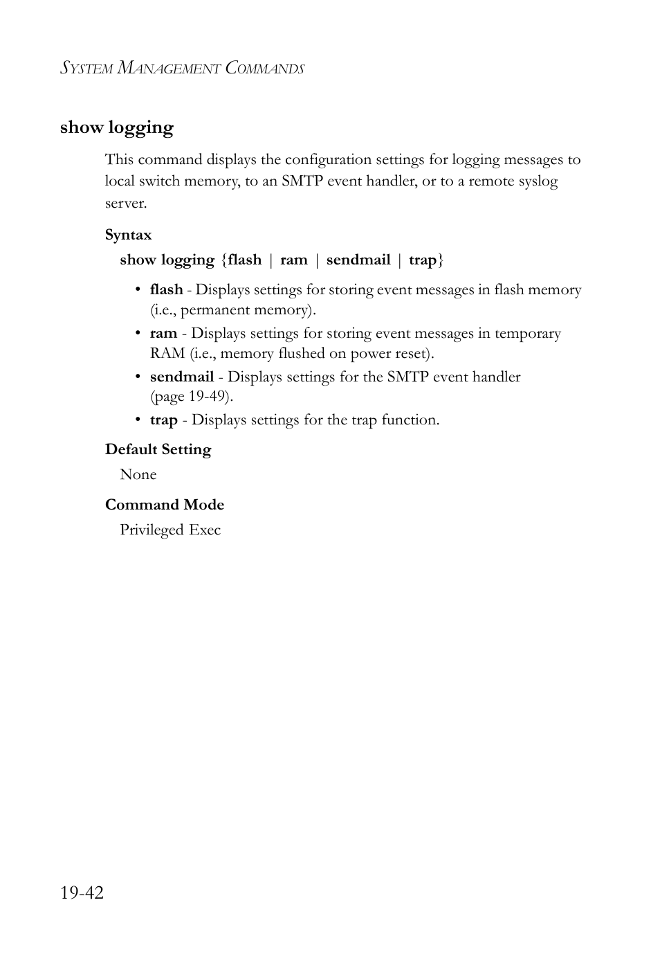 Show logging, Show logging -42, 42 show logging | SMC Networks SMC TigerAccess SMC7824M/FSW User Manual | Page 412 / 748