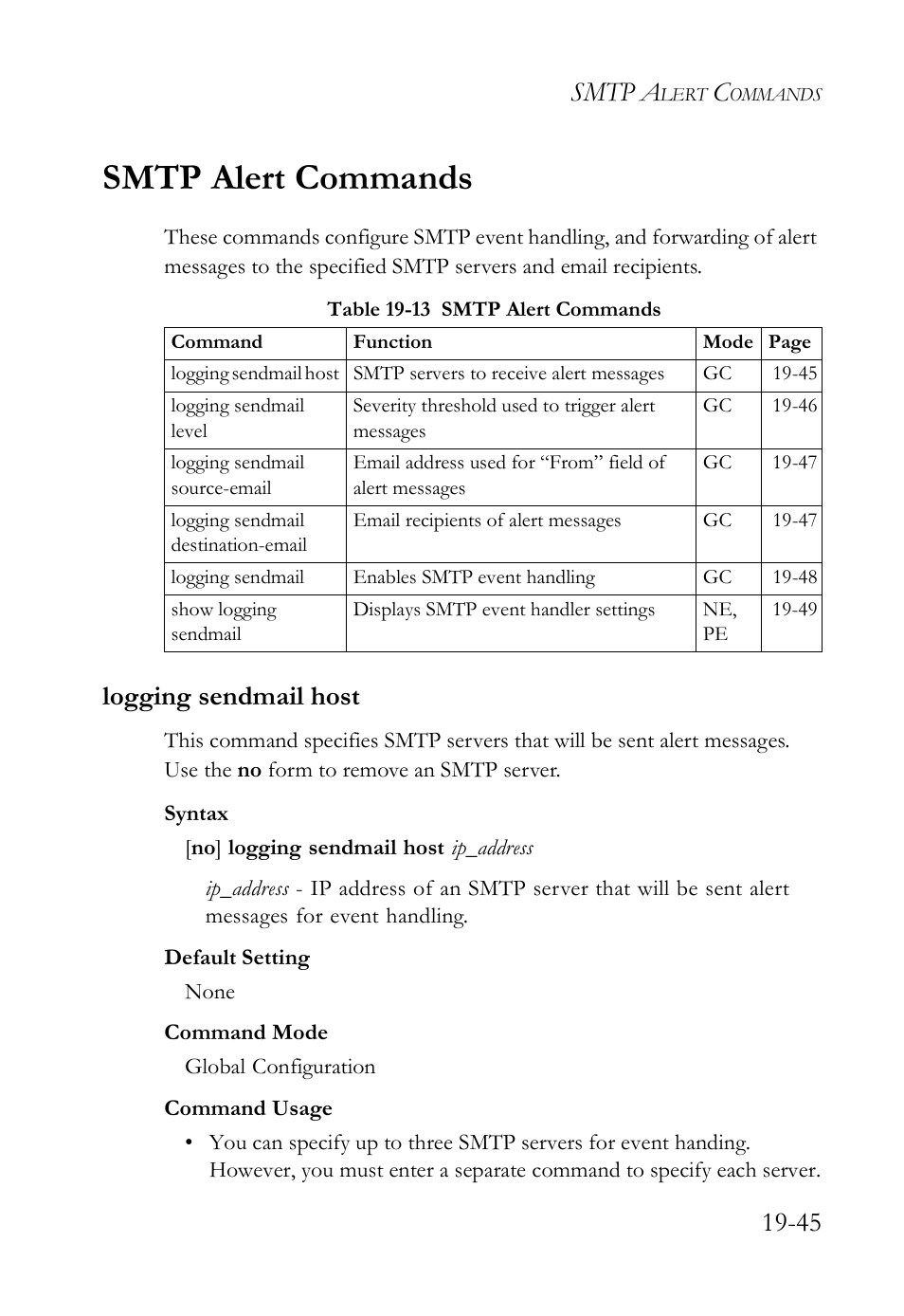 Smtp alert commands, Logging sendmail host, Smtp alert commands -45 | Logging sendmail host -45, Table 19-13 smtp alert commands -45, Smtp a | SMC Networks SMC TigerAccess SMC7824M/FSW User Manual | Page 415 / 748