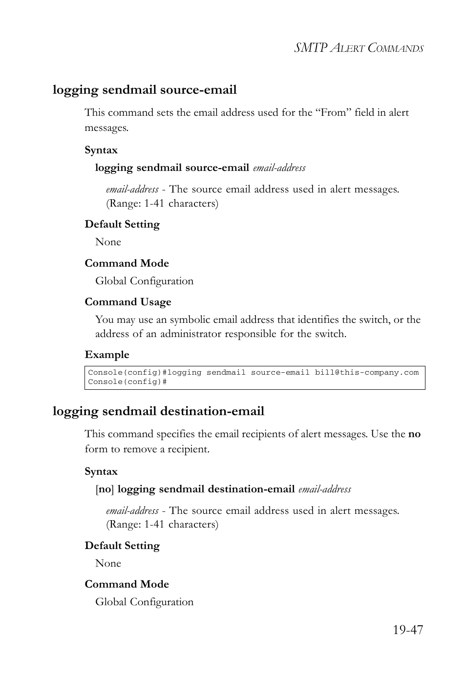 Logging sendmail source-email, Logging sendmail destination-email, Smtp a | 47 logging sendmail source-email | SMC Networks SMC TigerAccess SMC7824M/FSW User Manual | Page 417 / 748